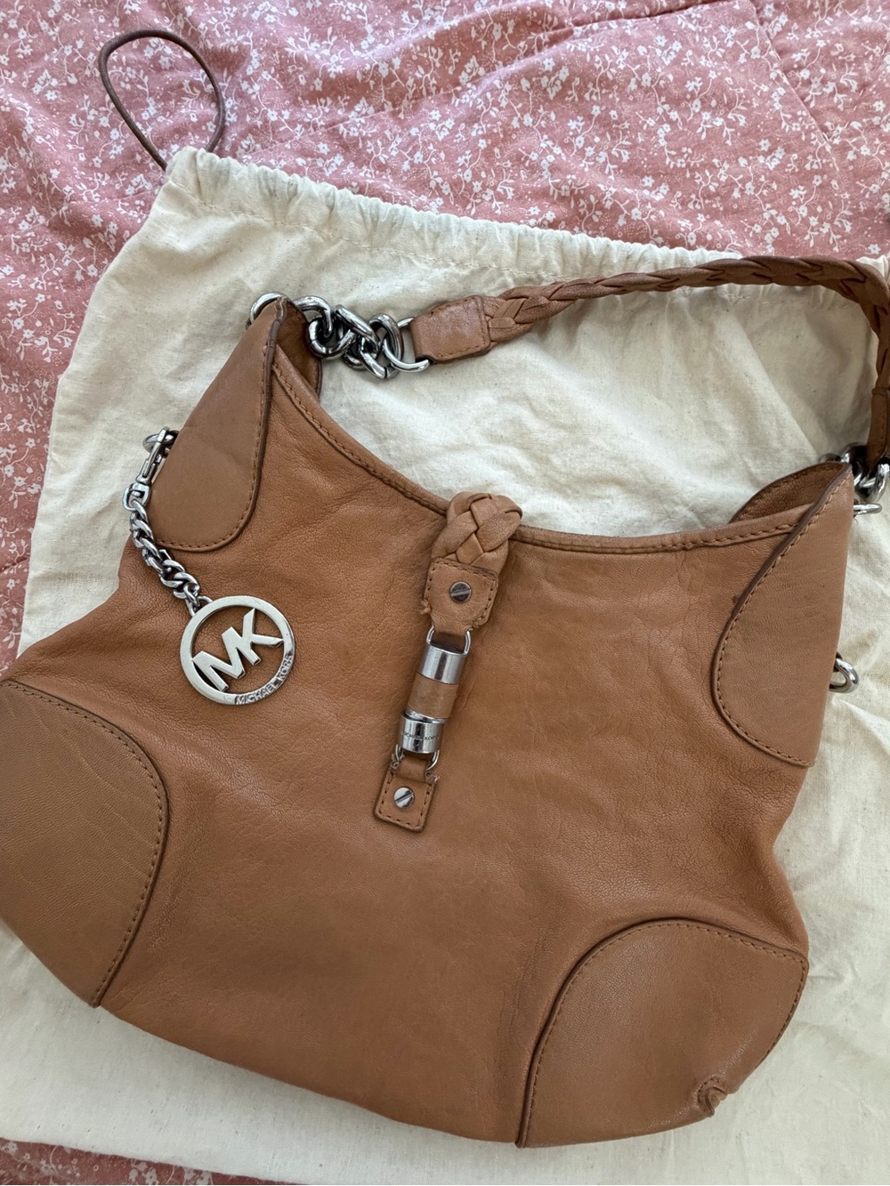 Michael Kors Cognac Leather Shoulder Bag with Silver MK Charm